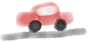 Ребенок рисует красный автомобиль на черной дороге