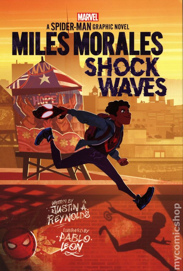 የ Miles Morales Shock Waves የመጽሐፍ ሽፋን፡ የሸረሪት ሰው የግራፊክ ልብ ወለድ በ Justin Reynolds