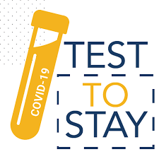 gráfico con COVID-19 vil que dice Test to Stay