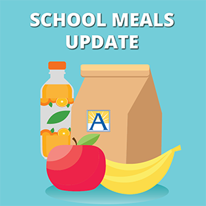 学校膳食更新图形，包括苹果、香蕉、橙汁饮料和袋子 APS 商标