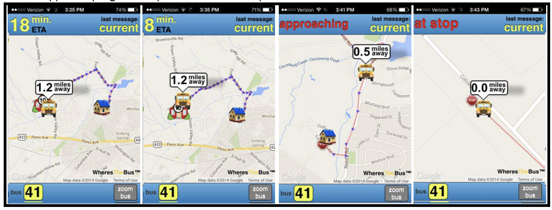simulated screenshots of the WheresTheBus app