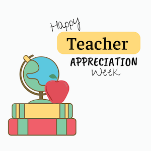 texto: feliz semana de apreciação do professor com livros didáticos, maçã e globo ao fundo