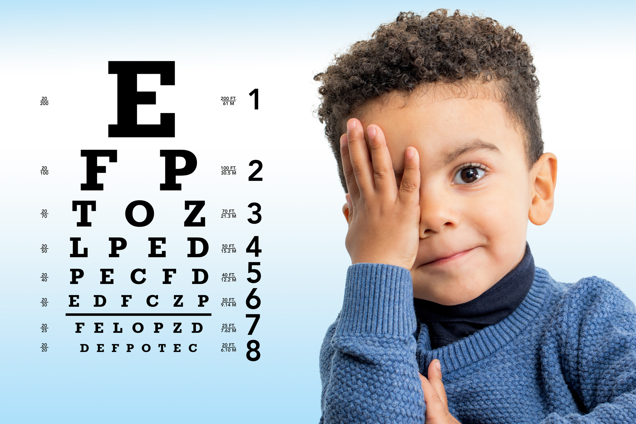 boy looking at eyesight chart