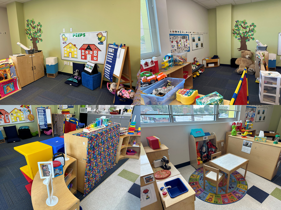 A composite photo showing four different areas of the Peeps classroom