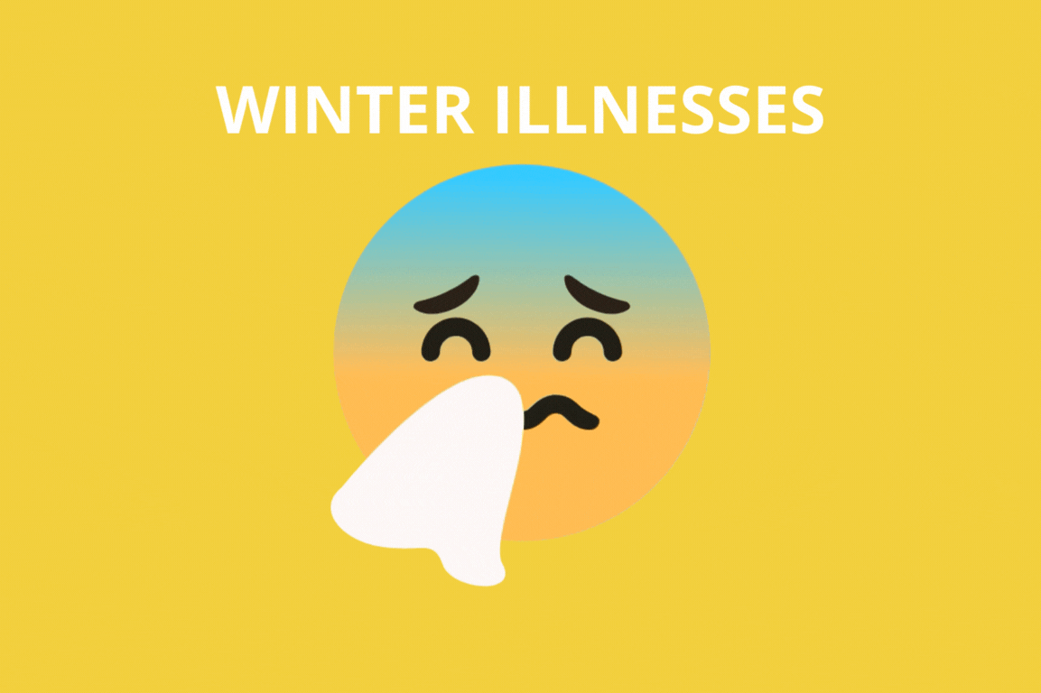 text: winter illnesses graphic: emoticon sneezing