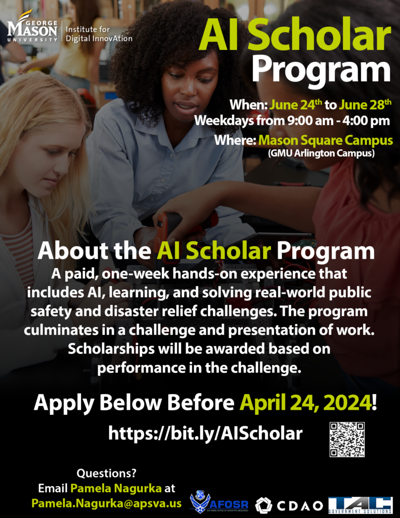 This AI Scholars program is for students interested in technology, artificial intelligence and computer science. No experience is required however, students must be currently enrolled in Arlington Public Schools as a 9th grader during the 2023-24 school year. 