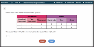 An example progress check shows a question in the center of the screen with a place to record an answer and choose "reset" or "next"