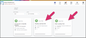 The 6+ Exact Path home page with two arrows pointing to the learning path tiles for Reading and Math. 