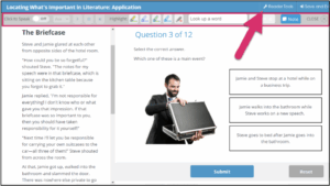 The Practice screen shows a passage along the left and questions along the right. An arrow is pointing to the reader tools button in the top right. 