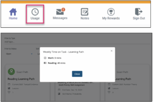 The Exact Path with a red box around the Usage icon and a window reading "This Week's Time on Task - Learning Path Math: 0 mins; Reading: 40 mins"