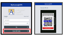 The K-2 MyAccess screen with the "Scan QR code" button outlined in red. A second window shows a QR code being scanned.