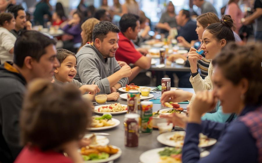 AI-generated image of families eating in a cafeteria